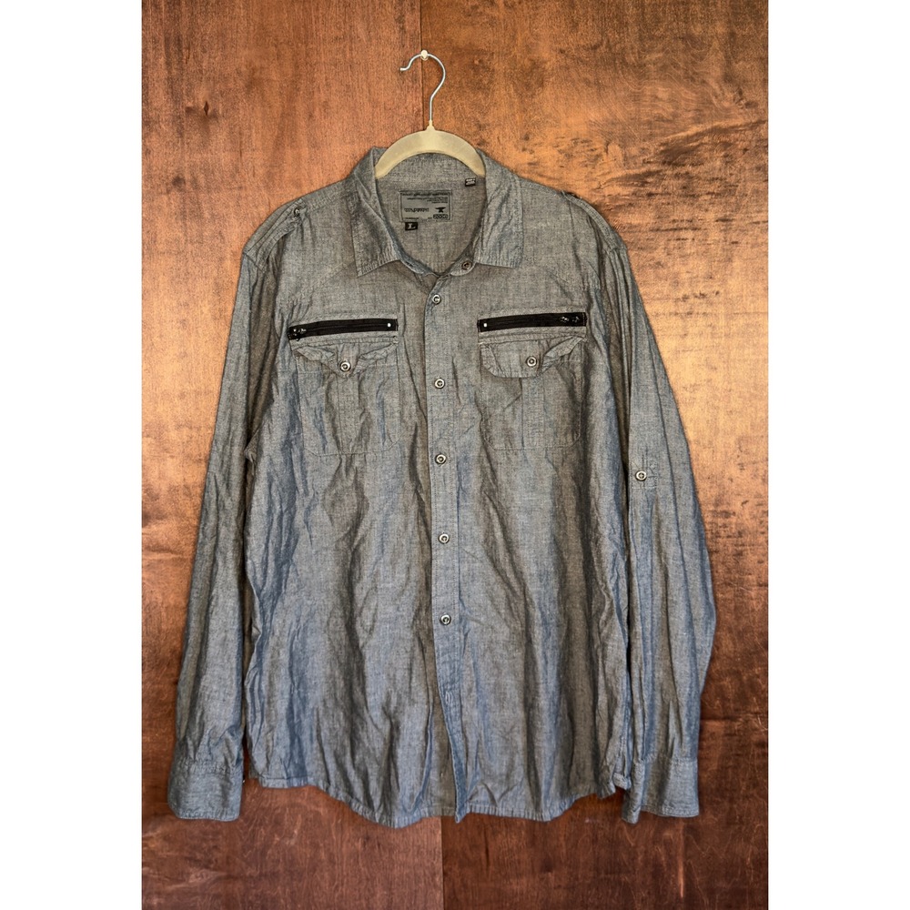 Rock & Republic Mens Gray Long Sleeve Button Down Utility Shirt Large Epaulets